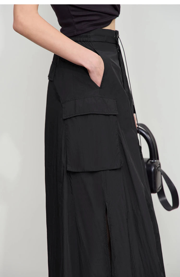 Vacation Long Skirt 2025 Summer Women Loose Sun Protection Office Lady Solid Pockets Elastic Waist Cord Slit Skirt 12542106