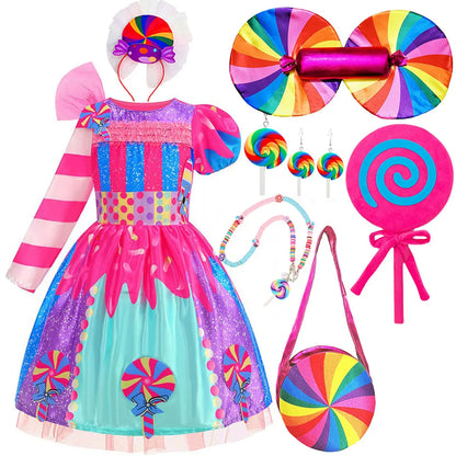 Girls Candy Fairy Lollipop Cosplay Costume Toddler Carnival Purim Rainbow Vestidos Girls Birthday Party Long Short Sleeves Dress