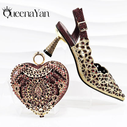 New Shoes and Bags Matching Set Nigerian Women Heel Party for Women Fuchsia Colour Italian Design Wedding INS Design