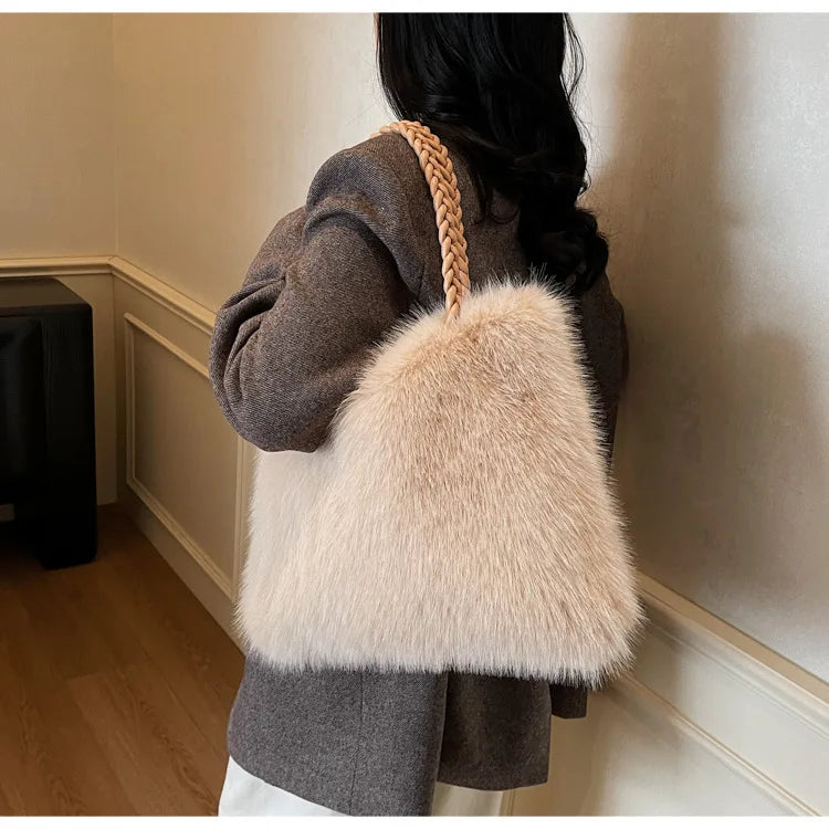 Fashion Women Furry Shoulder Bag Large Capacity Tote Handle Bag for Autumn Winter Outing Commuter Texture Versatile Storage Bags
