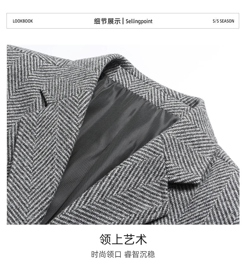 Men's Wool Blazer Herringbone Pattern Casual Business Suit Jacket Comfortable and Stylish Coat