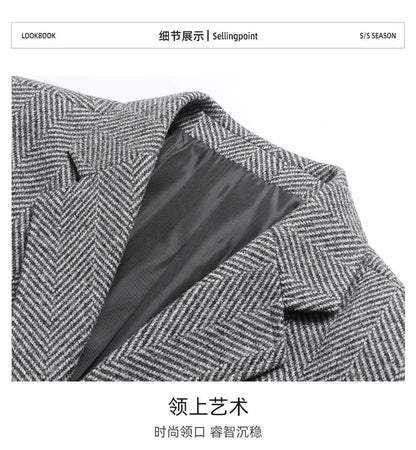 Men's Wool Blazer Herringbone Pattern Casual Business Suit Jacket Comfortable and Stylish Coat