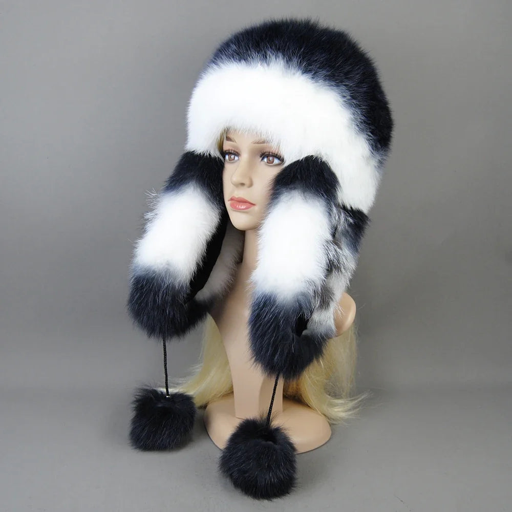 Hot Sale Lady Winter Warm Luxury 100% Natural Fox Fur Hat Fashion Fluffy Fox Fur Rex Rabbit Fur Caps Women Real Fur Bomber Hats