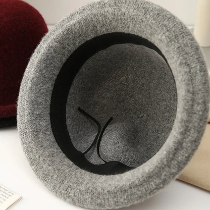 Women Hat Winter Wool Knitted Fedora Small Topper Hat Casual Ladies Solid Color British Top Hat Rolled Brim Official Website