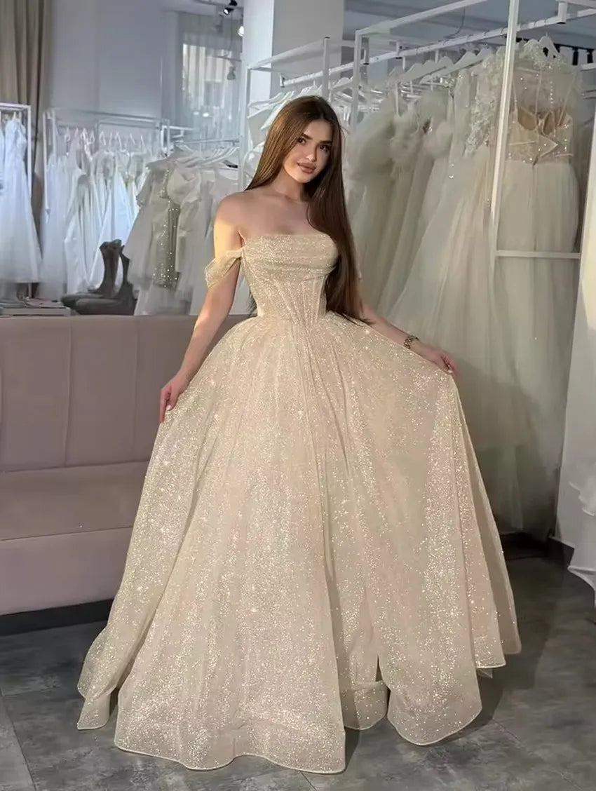 Customized Moden Prom Dress 2026 Glitter Tulle Off the Shoulder Wedding Party Dress Boat-neck A-line Floor-Length Evening Gowns
