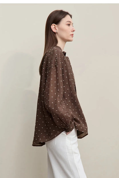 Women's Shirt 2026 Autumn New Polka Dot Chiffon Shirt Multi-Way Ribbon Women's Oversized Drop Shoulder Casual Tops 12641098