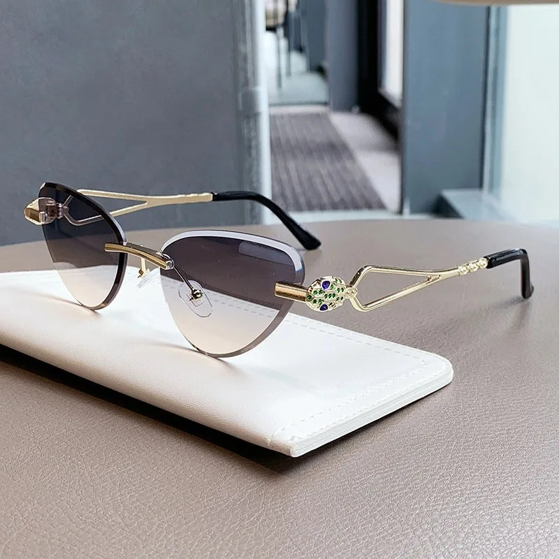 Rimless Cut Edge Cat Eye Sunglasses Gem Inlay Hollow Metal Temple UV400 Gradient Lens Shades for Women Daily Outdoor Sun Glasses