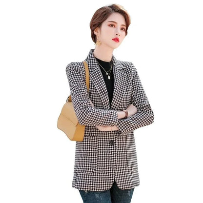 Women's Houndstooth Pattern Blazer Long Sleeve 2025 New Spring Autumn Korean Style Elegant Casual Elegance Daily Wear
