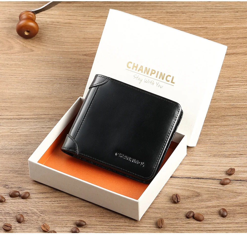 Men's Italian Top-Grain Cow Leather Short Tri-Fold Wallet – RFID Blocking & Gift Box