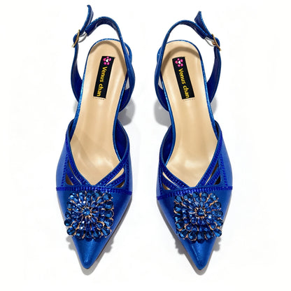 2025 Newst Italian Butter-fly Design Party Wedding Pointed Toe Slingback Sandals with Bag Set in Blue Color