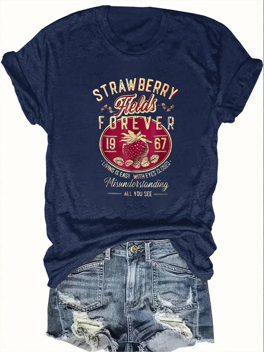 Harajuku Strawberry Fields Forever Letter Print Women T Shirt Short Sleeve Crew Neck Summer Casual Top for Women Clothes Shirts