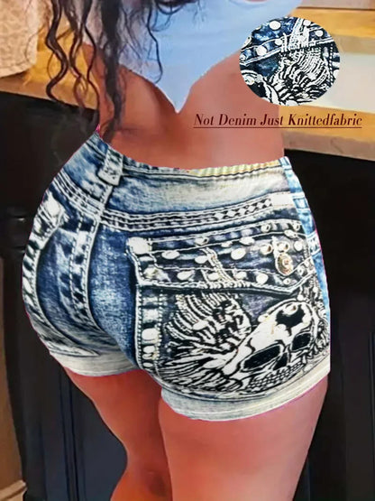 Women's Faux Denim Print High Stretch Slim Shorts, Versatile Yoga Shorts, Polyester Non-Denim Material