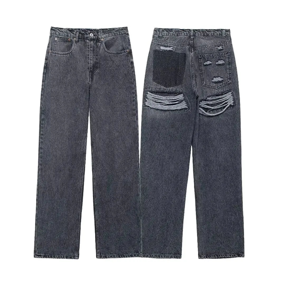 2024 Women's Street Fashion Denim Blue Jeans Distressed Patchwork High Waist Zipper Fly Ripped Retro Long Pants