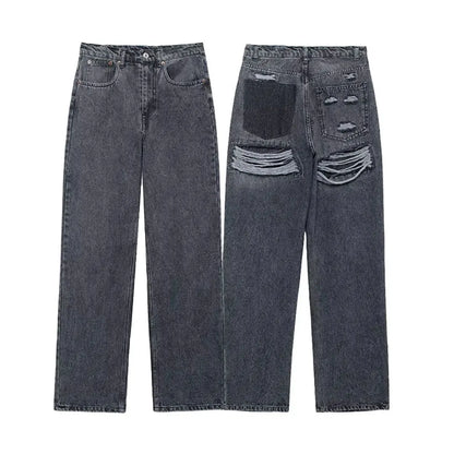 2024 Women's Street Fashion Denim Blue Jeans Distressed Patchwork High Waist Zipper Fly Ripped Retro Long Pants