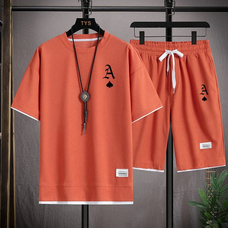 Fashionable casual men's sports suit short-sleeved T-shirt and outdoor summer sports shorts two-piece set daily casual