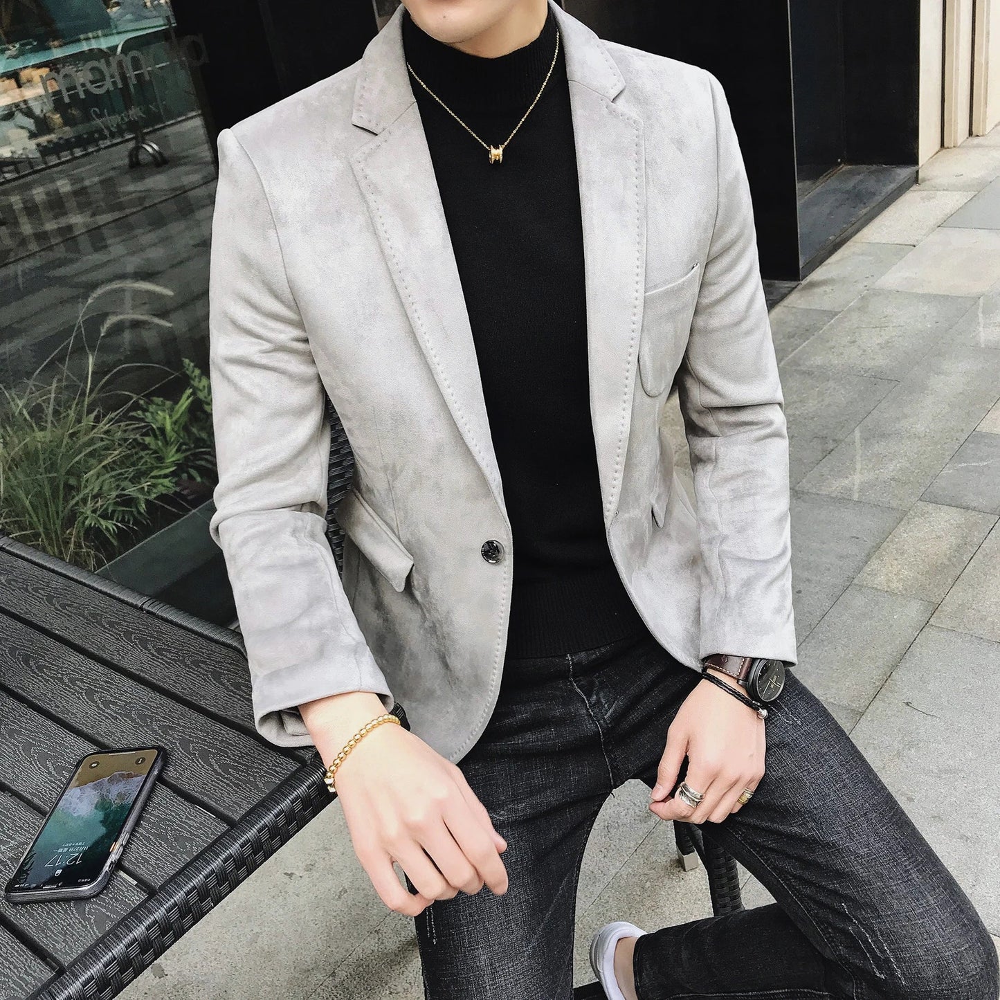 Blazer Hombre Men's Casual Slim Fit Deerskin Velvet Suit Jacket High-quality Korean Luxury Formal Solid Color Suit 6 Colors