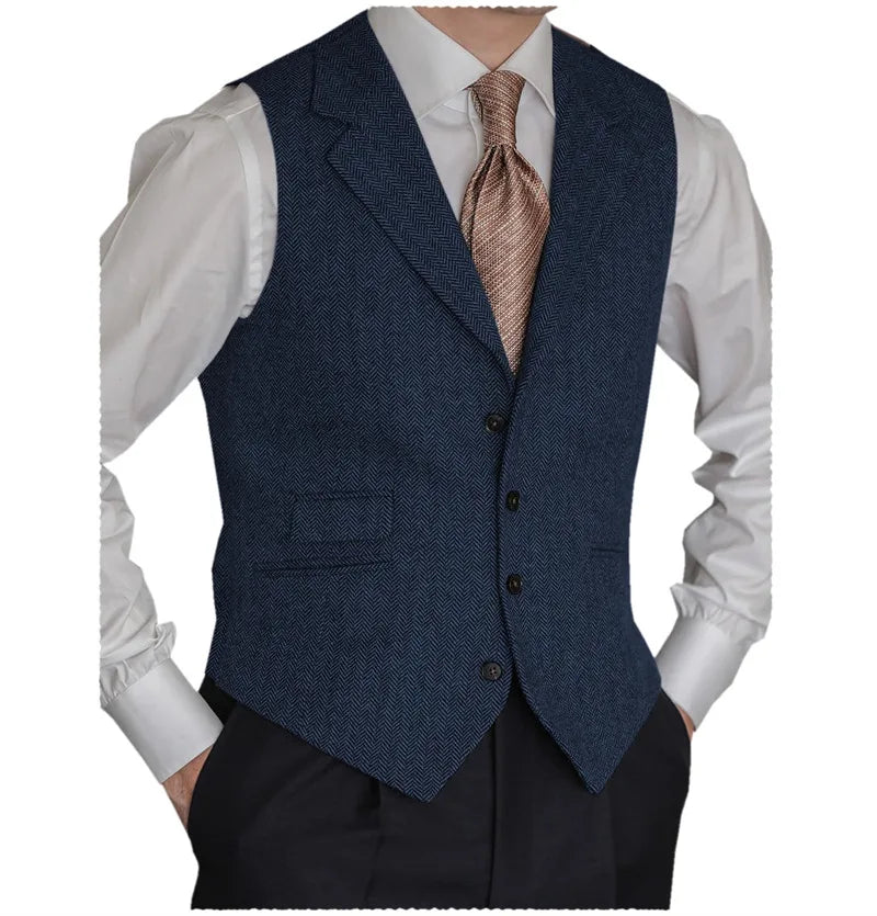 Men's Formal Suit Vests Slim Fit Males Tailored Collar Herringbone Tweed Casual Business Waistcoat Groomsman Vest For Wedding