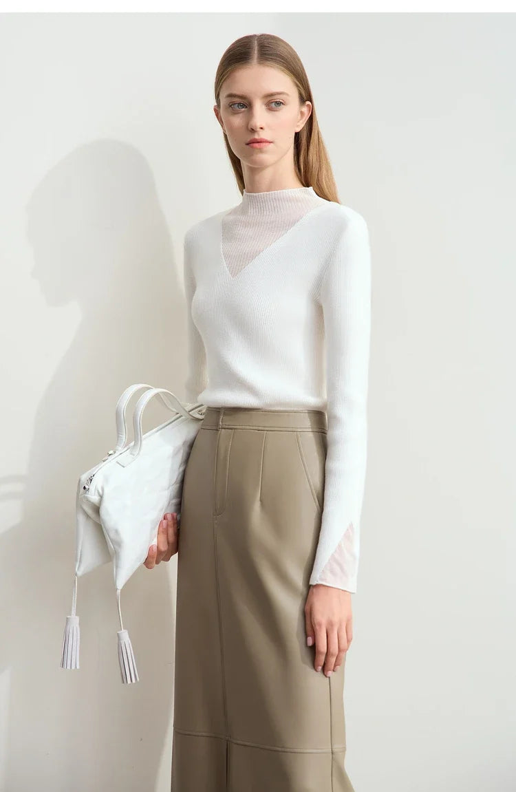 Minimalist Women's Turtleneck Slim Sweater 2025 Autumn Collection Sheer Panel Versatile Elegant Base Layer Top 12444241