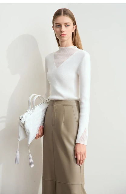 Minimalist Women's Turtleneck Slim Sweater 2025 Autumn Collection Sheer Panel Versatile Elegant Base Layer Top 12444241