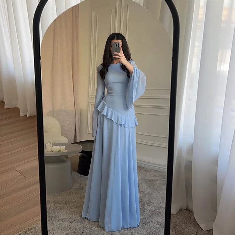Women Chiffon Solid Ruffled Dress Flare Sleeve Round Neck 2025 New Elegant Maxi Gown Evening Party Fashion Holiday Lady