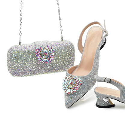 Luxury Designer Silver Italian Matching Shoes and Bag Set Decorated with Rhinestone Shoe and Bag Set for Party in Women Nigerian