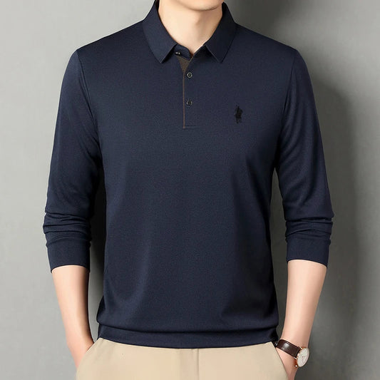 2025 Latest Autumn New Men's Long Sleeve Polo Shirt Middle Aged Business Comfortable Solid Color Men's Collar T-shirt