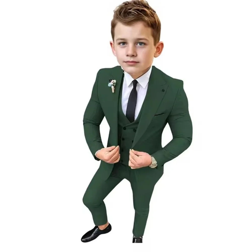 Boys Formal Slim Fit Suits 3 Pieces Holiday Celebration Outfit,Autumn Long Sleeve Kids Peak Lapel Suit Set Wedding Guest Wear