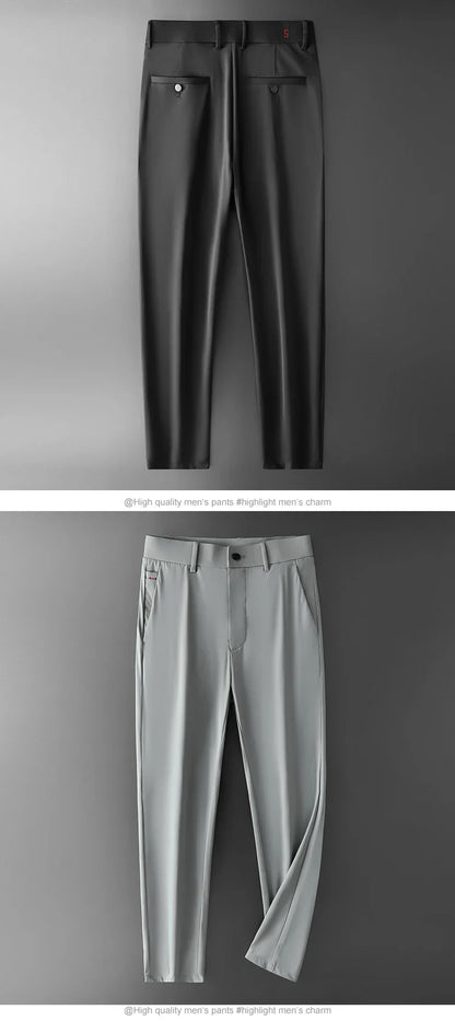 New Ice Silk Casual Pants Men Spring and Summer Mid Straight Thin Breath Pants Comfortable Light Elastic Loose Trousers