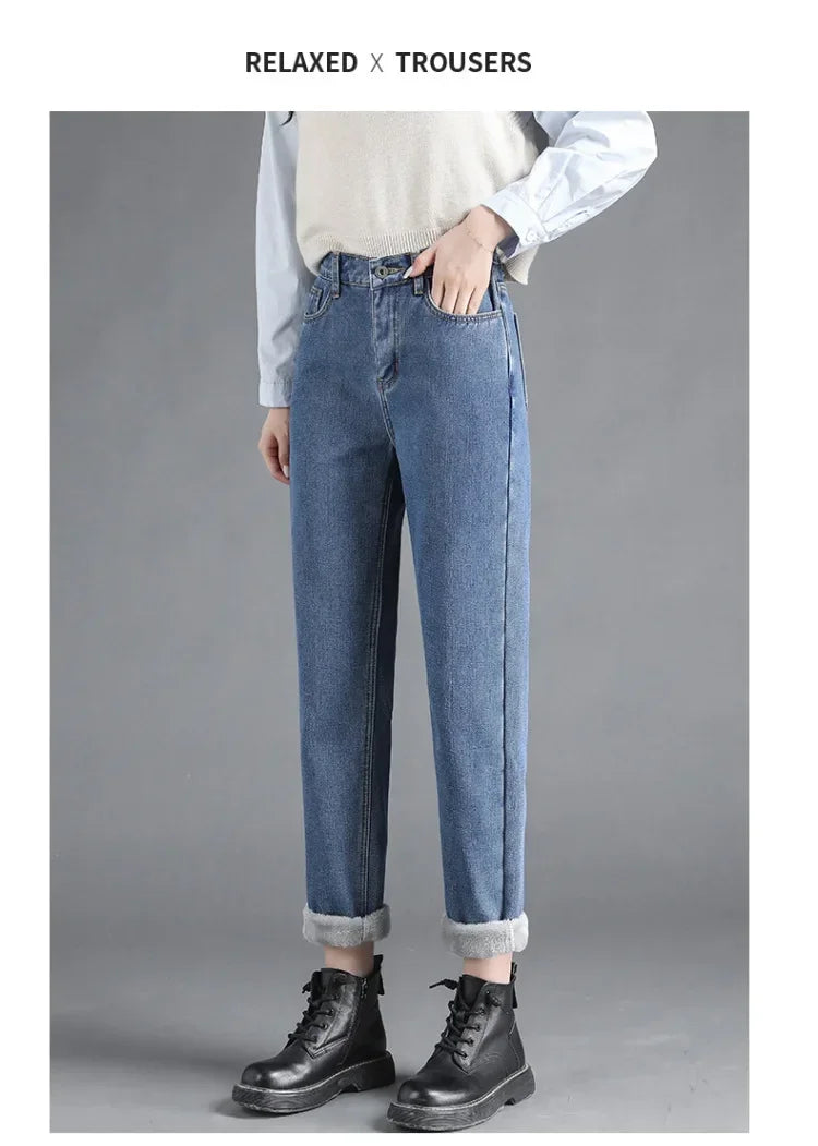 Winter Warm Slim Jeans Ladies Casual Denim Pencil Pants Thick Velvet Women Jeans High Waist Skinny Straight Jeans Fleece