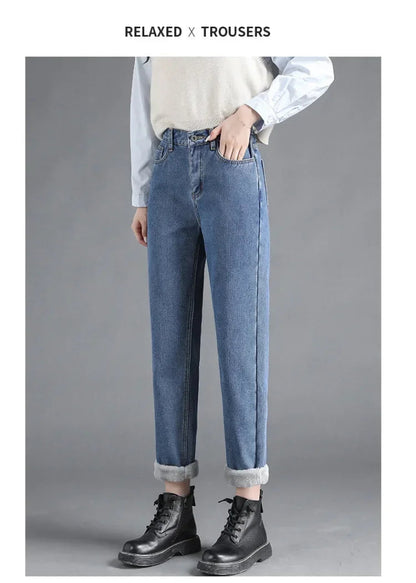 Winter Warm Slim Jeans Ladies Casual Denim Pencil Pants Thick Velvet Women Jeans High Waist Skinny Straight Jeans Fleece