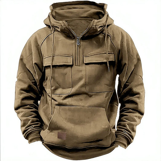 New Autumn-Winter Men's Hooded Solid-Color Casual Hoodie - Fashionable Young Man's Multi-Pocket Patch Hoodie Pullover Shirt
