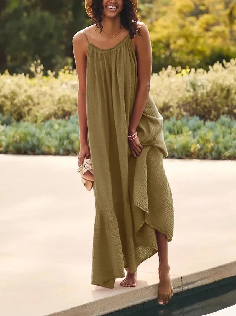 Vintage Muslin 100% Cotton Gauze Summer Dress Women Loose Sexy Sleeveless Ruched Long Maxi Desses Chic Vestidos