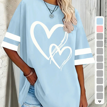 Plus  Size Women's Heart-Striped Print T-Shirt - Casual Short Sleeve V-neck Tops Suitable for Spring and Summer