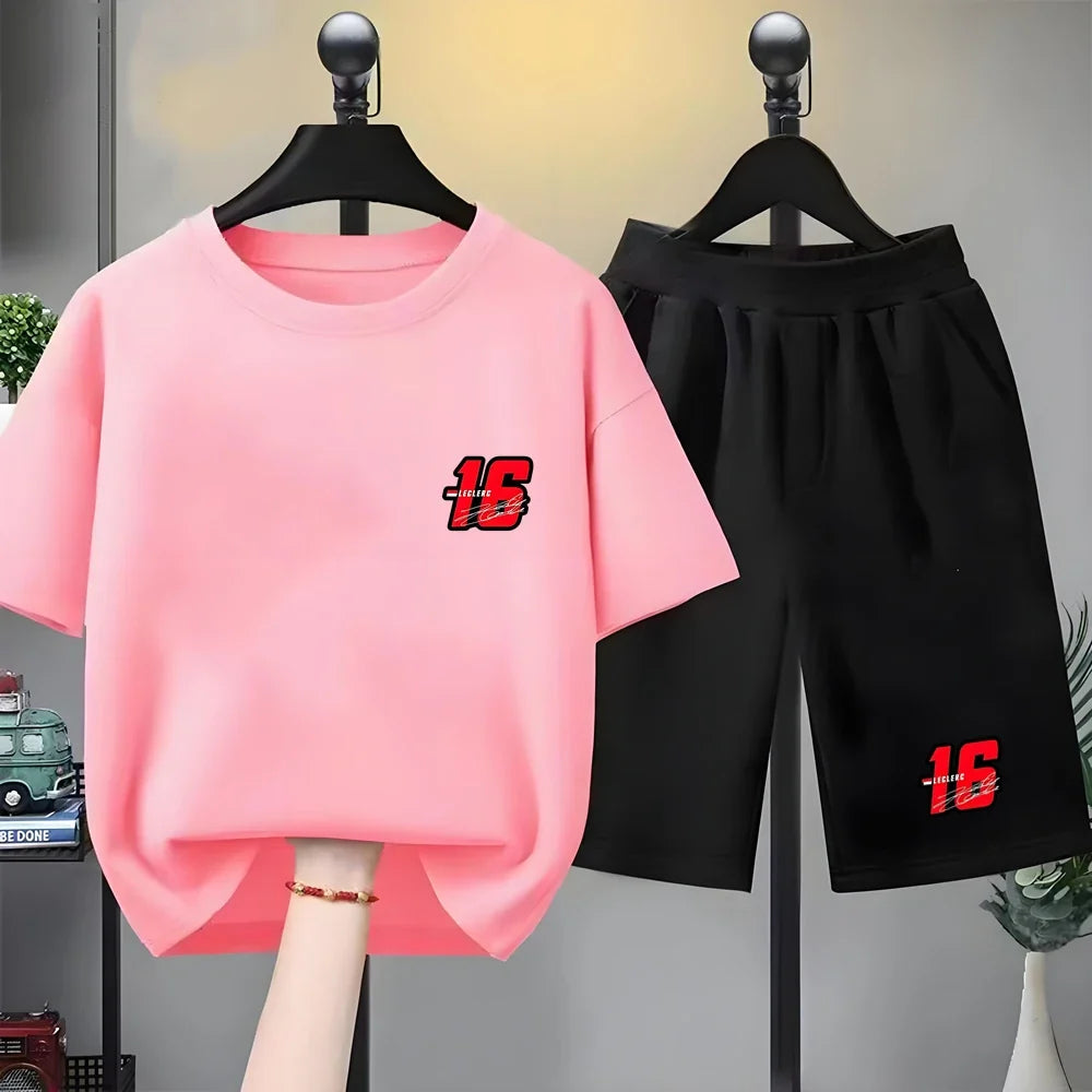 Summer Kids T-Shirt White Round Neck Tops+Shorts Boy Girl Charles Leclerc Racing Car No. 16 Clothing Sets Casual Cool Tees