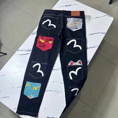 Mens Jeans Harajuku Fortune God Print Multi Pocket Denim Pants New Workwear Cargo Trousers Casual Streetwear Fashion Autumn New