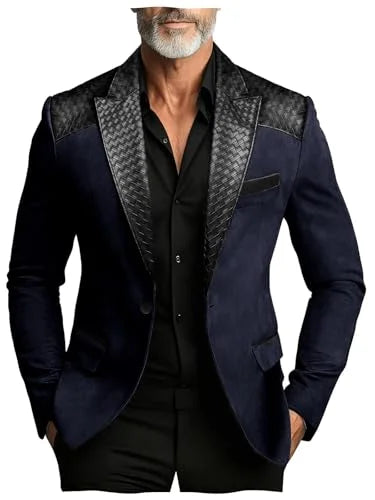 Men's Faux Suede Jacket with PU Leather Collar & Shoulder Two-Tone Blazer Contrast Trim Coat