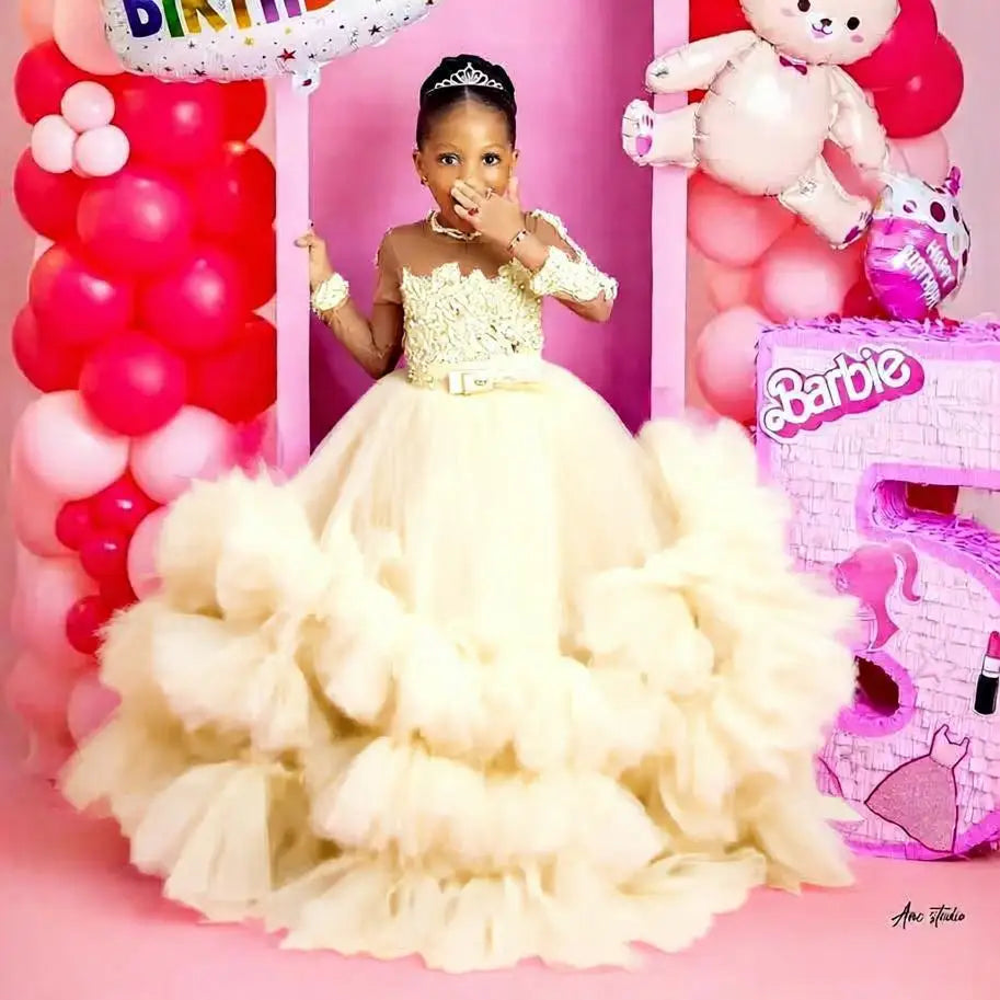 Fuchsia Princess Girls Birthday Party Dress Tiered Ruffles Long Sleeve Flower Girl Dresses for Wedding Kids Prom Gown Customized