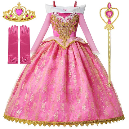 Girl Aurora Princess Dress Children Luxurious Cosplay Costume Rose Pink Briar Rose Outfit Kids Carnival Birthday Party Clothing