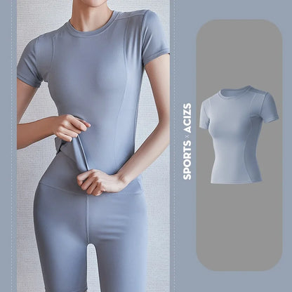 Women's Sports Fitness Clothing Slim Running Sweat Absorbing Skinny Yoga Clothes Quick Drying Clothes Short Sleeved T-shirt