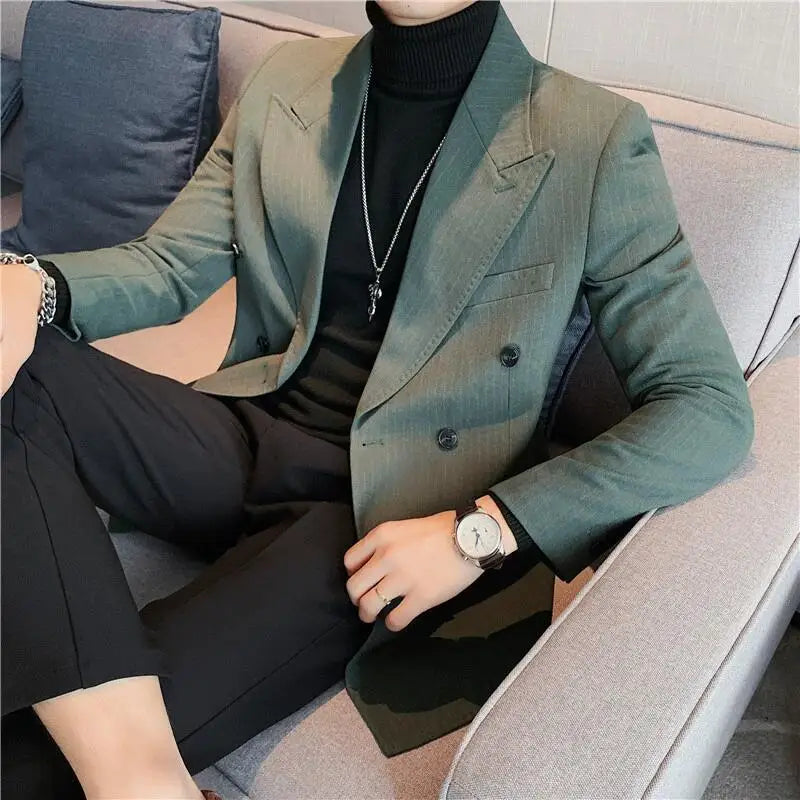 Classic Luxury Striped Men Suit Jacket Fashion Double Breasted Business Office Wedding Tuxedos Male High Quality Slim Fit Blazer