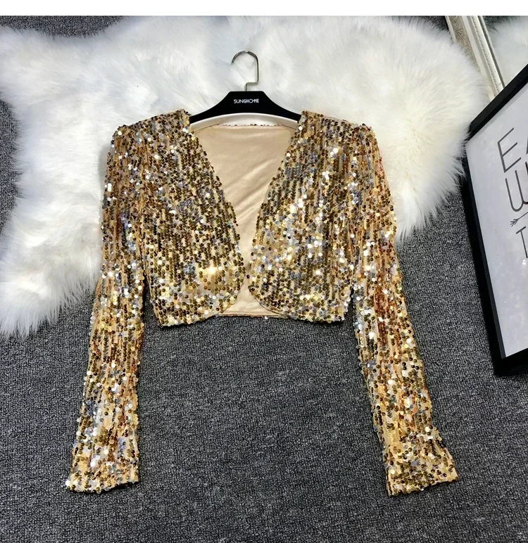 Street Fashion Joker Short Edition Sequins Small Suit Sparkling Bead Piece Suit Small Jacket Tank Top Jazz Dance Performance