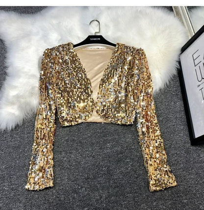 Street Fashion Joker Short Edition Sequins Small Suit Sparkling Bead Piece Suit Small Jacket Tank Top Jazz Dance Performance