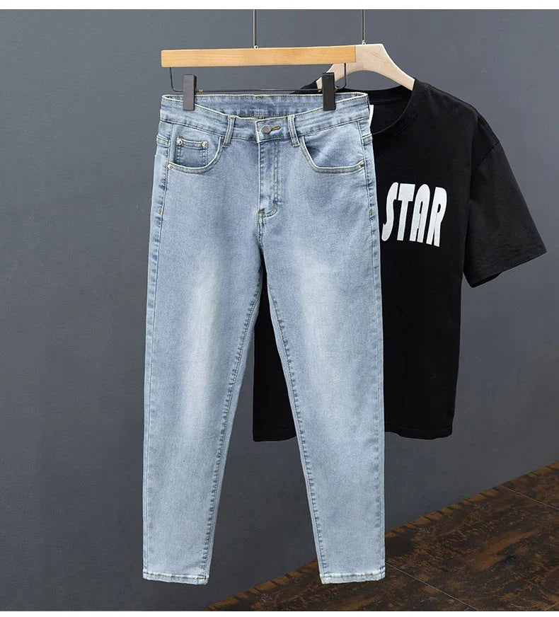 New Men's Little Feet Skinny Jeans Light Blue Spring Summer Thin Elastic Denim Pants Classic Korean Washed Cowboy Trousers