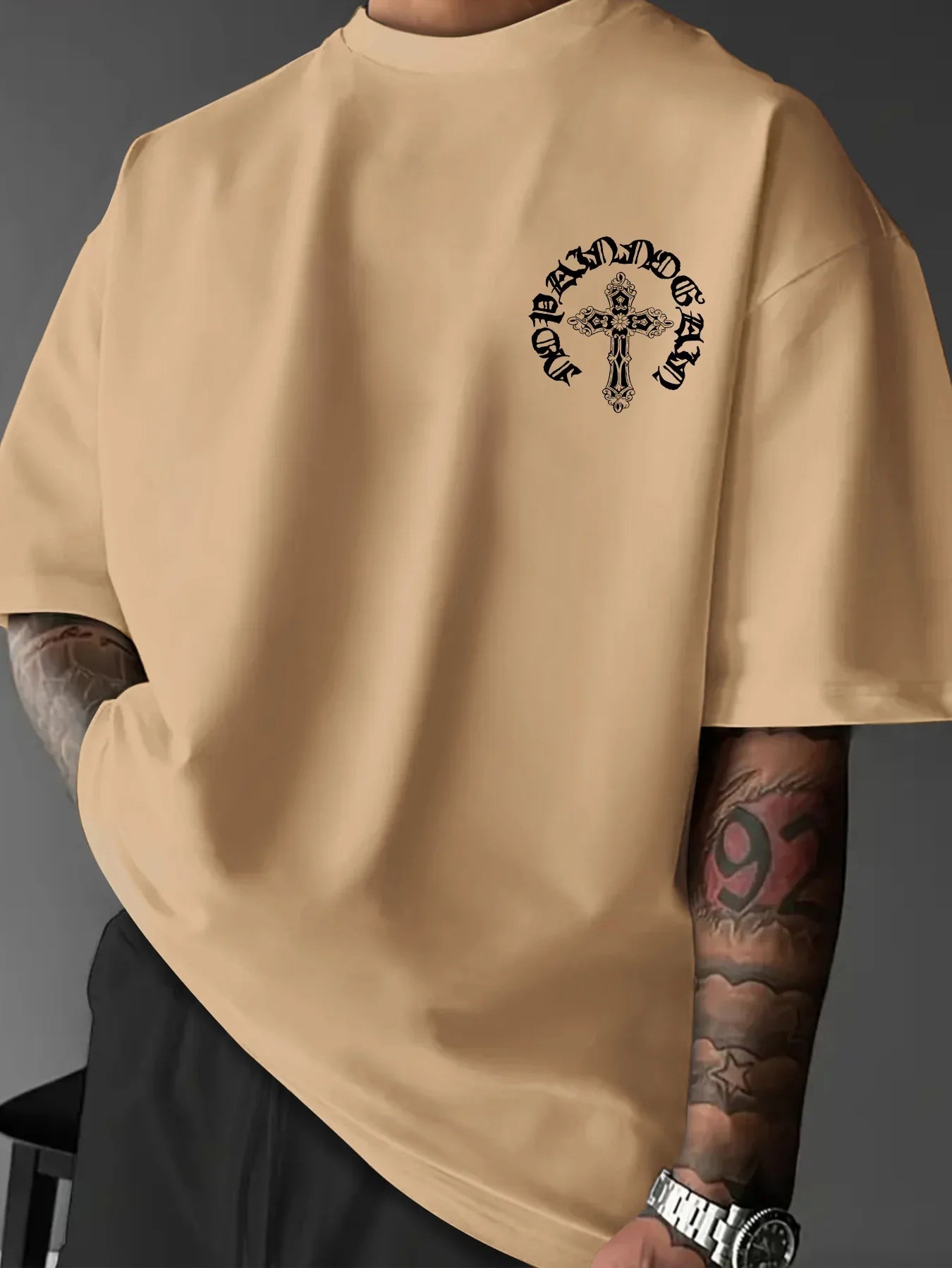 Men's Gothic Streetwear T-Shirt Ornate Cross & Circle Script Graphic Print Crew Neck Short Sleeve Polyester Tops S-XXL