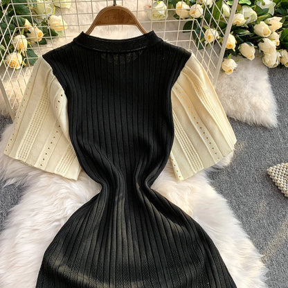 Women Dress 2026 Spring and Summer Elegant Patchwork One-Piece Knitted Maxi Dress Office Lady Slim Waist Sweater Dress