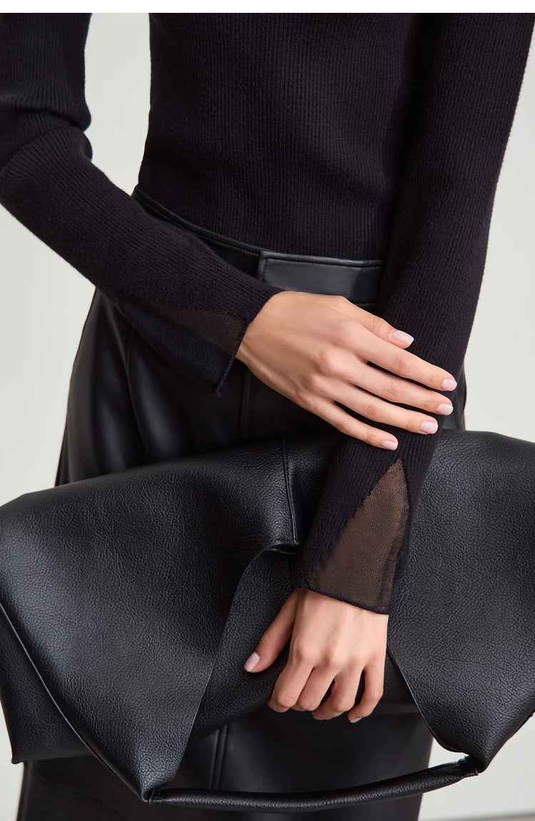 Minimalist Women's Turtleneck Slim Sweater 2025 Autumn Collection Sheer Panel Versatile Elegant Base Layer Top 12444241