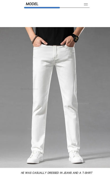 Luxury Men's White Slim Jeans Spring Summer New 98% Cotton Stretch Fashion Casual Male Clothes Straight Denim Trousers