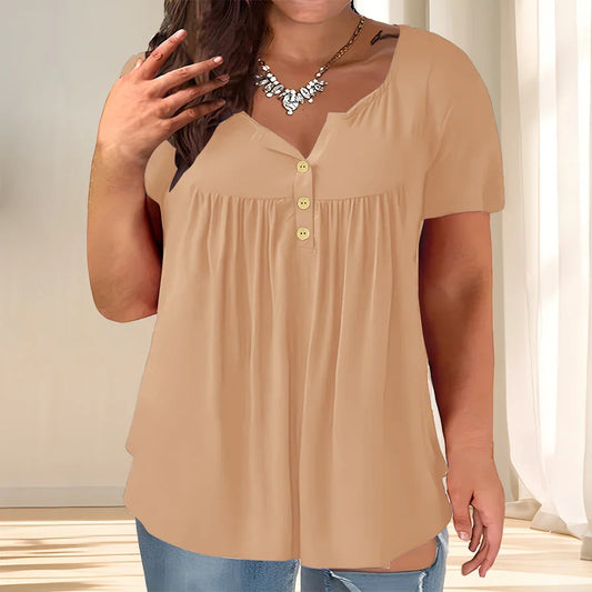 Solid Color Button Front Tee, Casual Fashion Short Sleeve Scoop Neck T-shirt for Summer