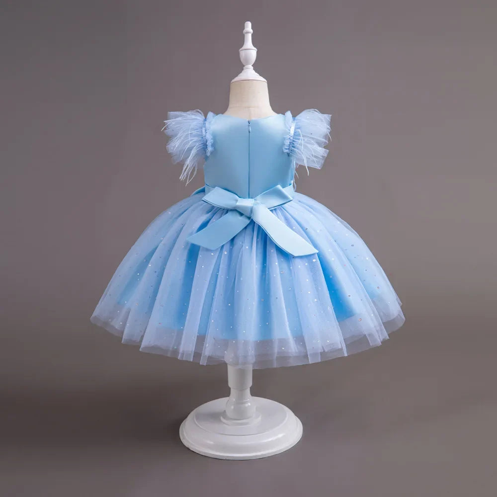 Summer Girls' New Bow Sequin Flying Sleeves Mesh Fluffy Skirt Piano Competition School Graduation Ceremony Dress