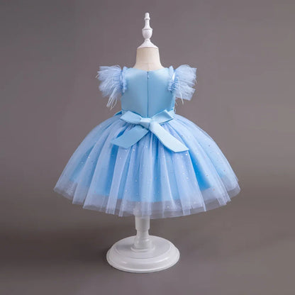 Summer Girls' New Bow Sequin Flying Sleeves Mesh Fluffy Skirt Piano Competition School Graduation Ceremony Dress